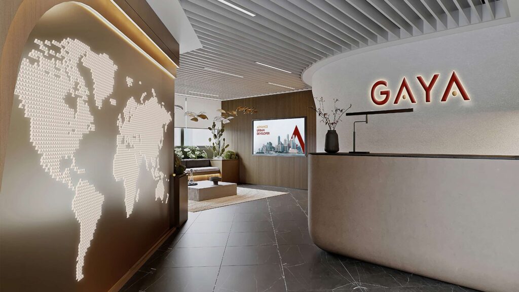 Interior corporate office with Gaya's logo in the background